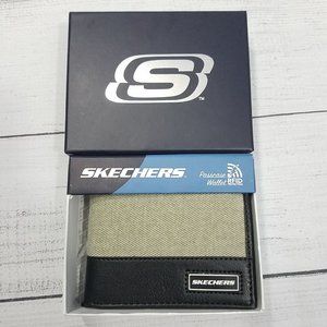 Skechers Twill Passcase Bifold Wallet Vegan Leather Trim RFID Protection
